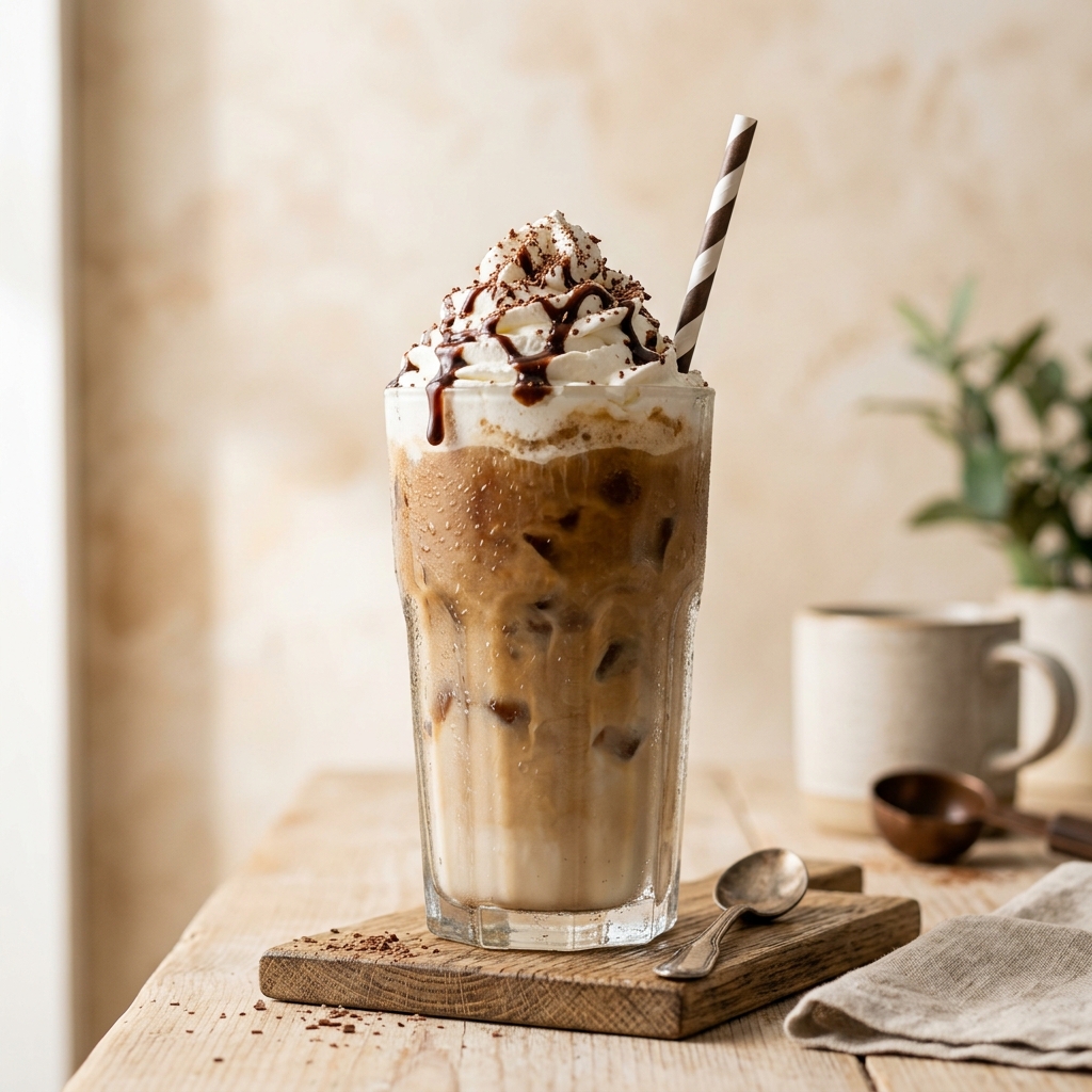 Cold Coffee — Iced coffee with whipped cream and chocolate drizzle