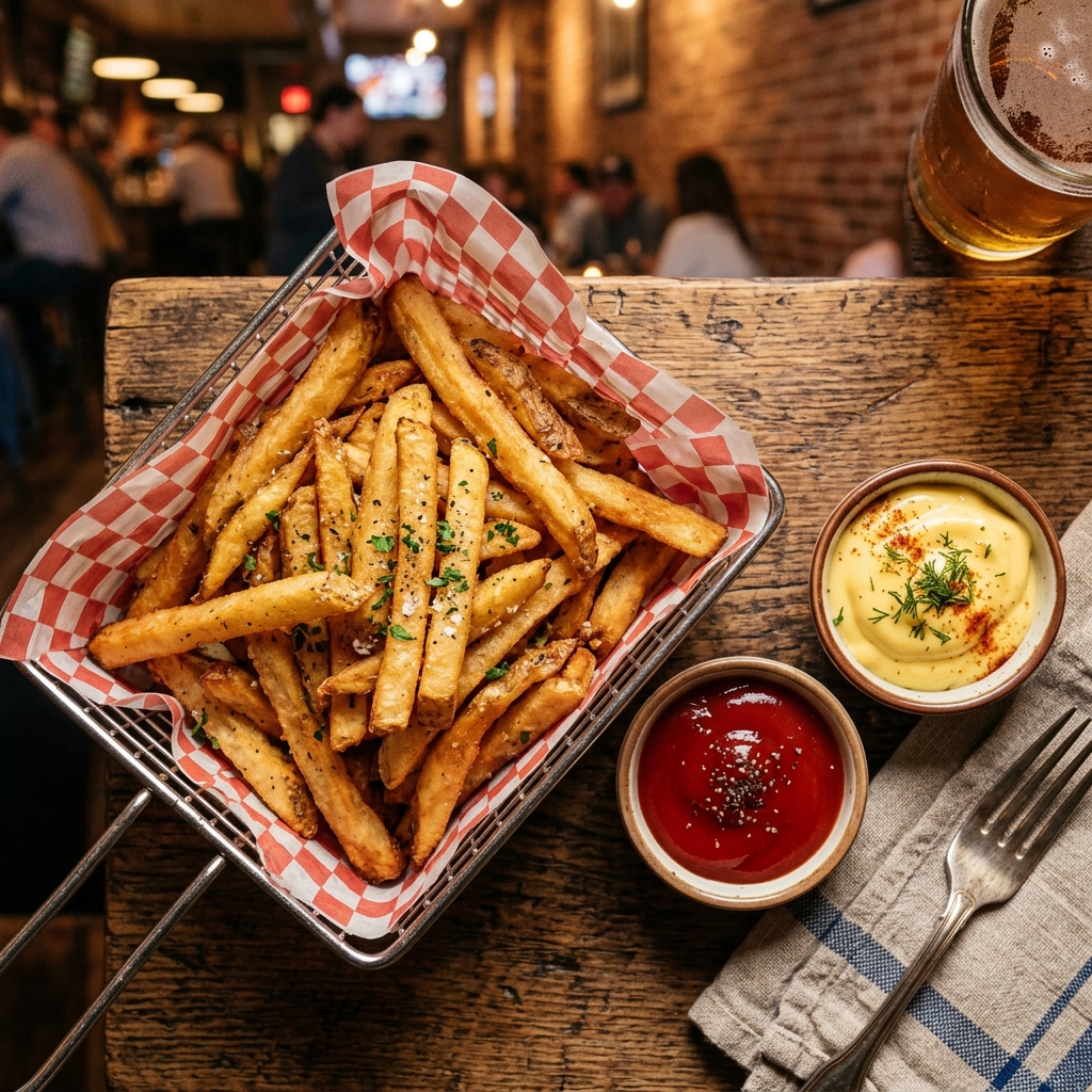 Golden crispy fries with dipping sauces