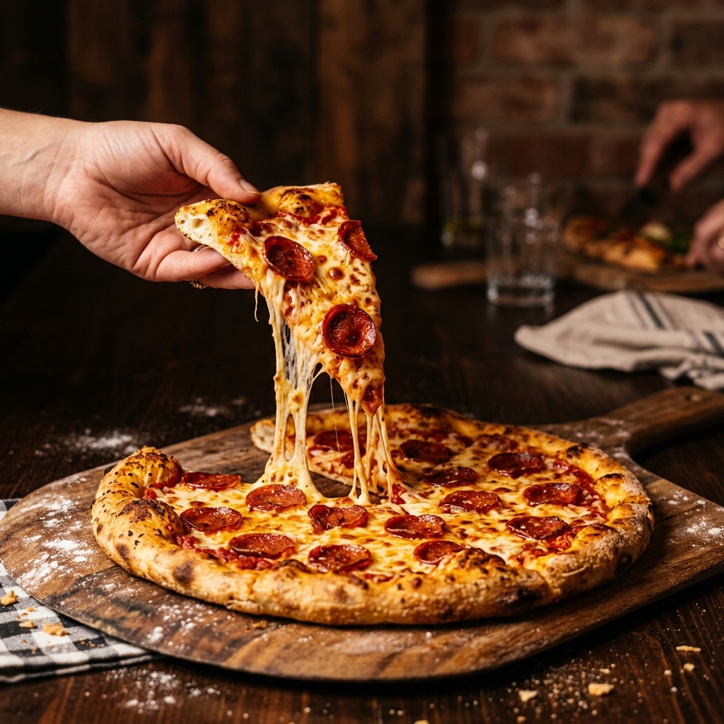 Pizza with stretchy cheese at BITES