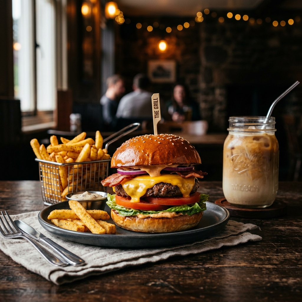 Gourmet burger with fries and cold coffee — freshly made at BITES