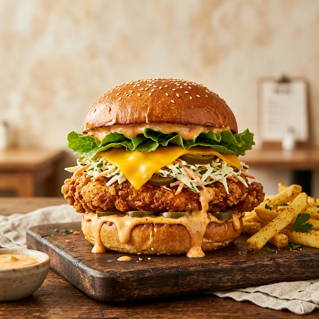 Loaded Chicken Burger — Crispy fried chicken with cheddar